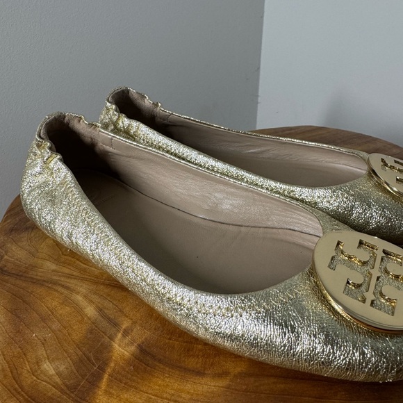 Tory Burch Logo Spark Gold Minnie Travel Leather Ballet Flats 5.5M - Picture 5 of 12